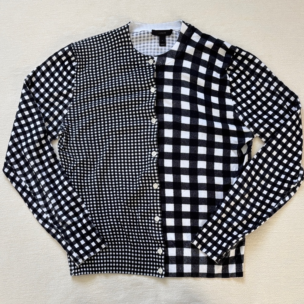 J. Crew Black and White Checkered Cardigan size L
